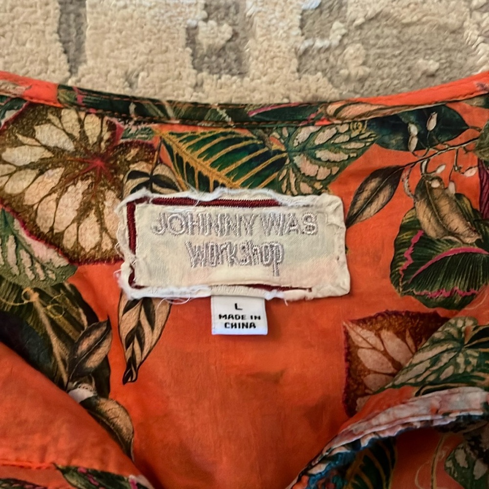 Johnny Was Workshop Top Orange Keyhole Neck Tasseled Floral Long Sleeve Sz L